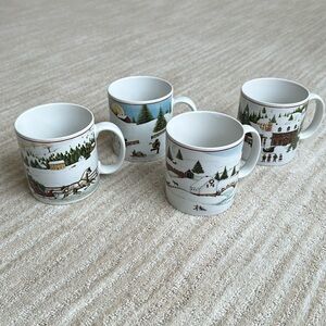 Set of 4 Mugs Christmas Valley by Oneida SAKURA 2002 David Carter Brown Holiday